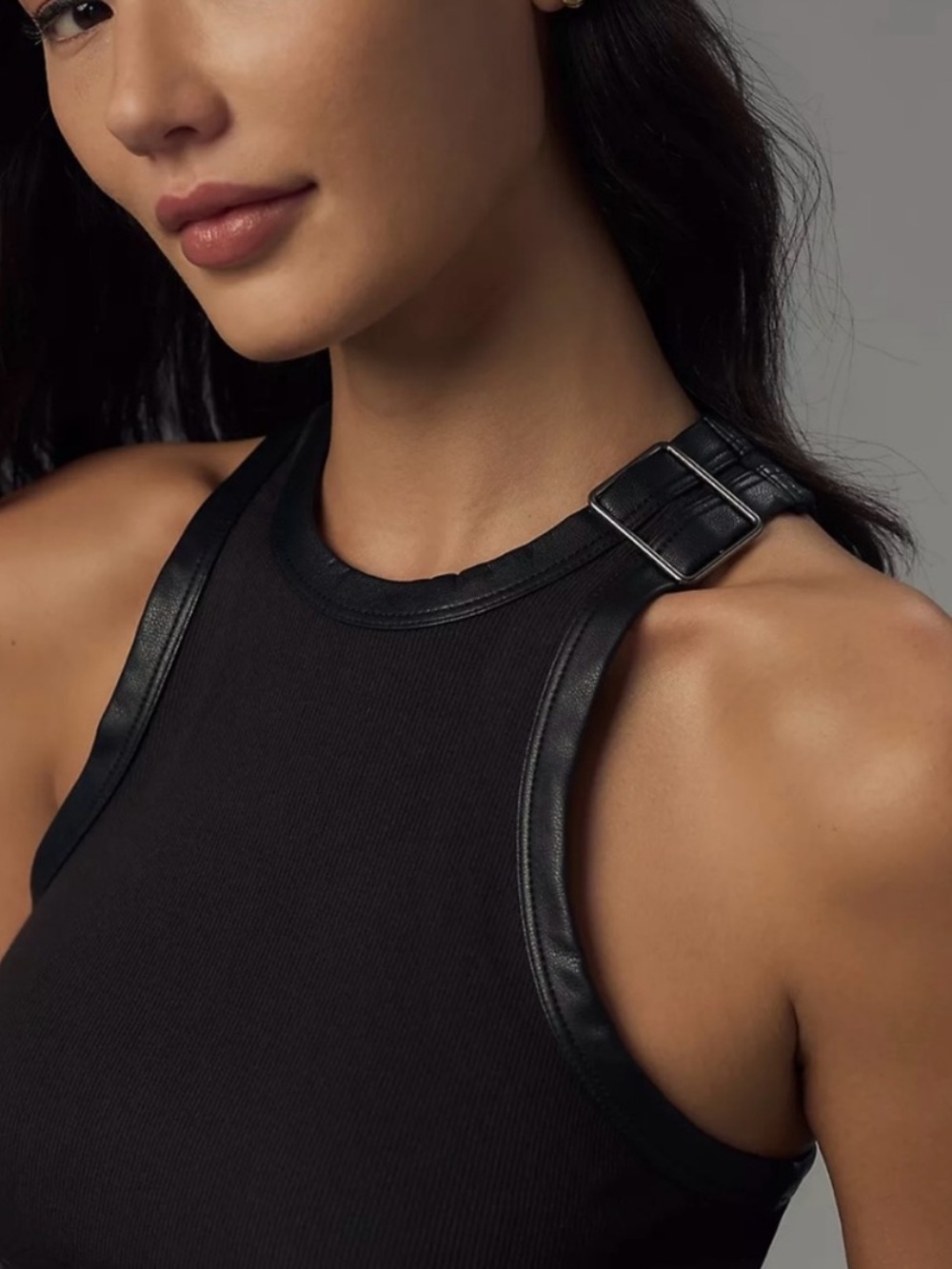 Pilcro Black Leather-Trim Ribbed Tank